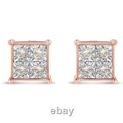 0.5 Carat Princess-Cut Real Diamond Stud Earrings in Rose Plated Sterling Silver