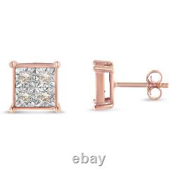 0.5 Carat Princess-Cut Real Diamond Stud Earrings in Rose Plated Sterling Silver