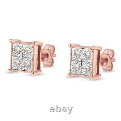 0.5 Carat Princess-Cut Real Diamond Stud Earrings in Rose Plated Sterling Silver