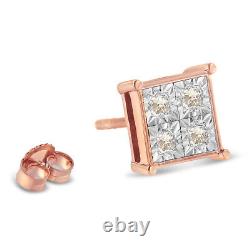 0.5 Carat Princess-Cut Real Diamond Stud Earrings in Rose Plated Sterling Silver