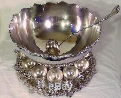 15pc Birmingham Silverplate Wedding Party Punch Bowl Set 12 Cups Tray Ladle