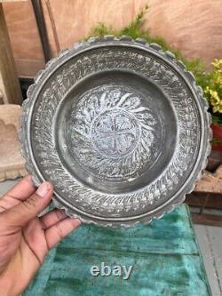 1700's Ancient Old Rare Solid Copper Silver Plated Floral Hand Engraved Plate