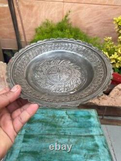 1700's Ancient Old Rare Solid Copper Silver Plated Floral Hand Engraved Plate