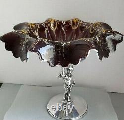 1800's Art glass bride bowl epergne Enamel Figural quadruple plate frame PUTTI