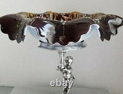 1800's Art glass bride bowl epergne Enamel Figural quadruple plate frame PUTTI