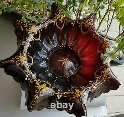 1800's Art glass bride bowl epergne Enamel Figural quadruple plate frame PUTTI