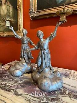 18th Century Antique Italian Baroque Silver-plated Figural Candle Holders