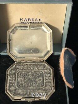 1920's Karess Woodworth Silver Plate Compact Original Box Art Nouveau or Deco