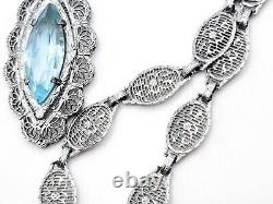 1930s Art Deco Filigree Necklace Vintage Rhodium Plated Blue