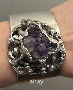 1970 Erik Dennung Raw Amethyst huge cuff bracelet signed made in Denmark B+ B Sm