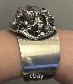 1970 Erik Dennung Raw Amethyst huge cuff bracelet signed made in Denmark B+ B Sm