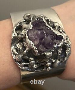 1970 Erik Dennung Raw Amethyst huge cuff bracelet signed made in Denmark B+ B Sm
