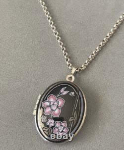 1980's MICHAELA FREY Enamel Art Nouveau Floral Locket Pendant + Sterling Chain