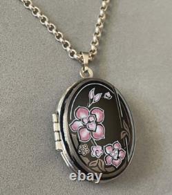 1980's MICHAELA FREY Enamel Art Nouveau Floral Locket Pendant + Sterling Chain