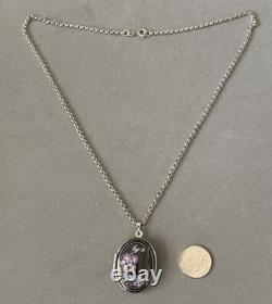 1980's MICHAELA FREY Enamel Art Nouveau Floral Locket Pendant + Sterling Chain