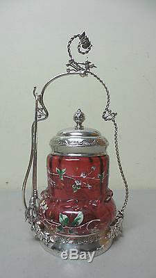 19th C. ENAMELED CRANBERRY GLASS PICKLE CASTOR MIDDLETON SILVER PLATE STAND