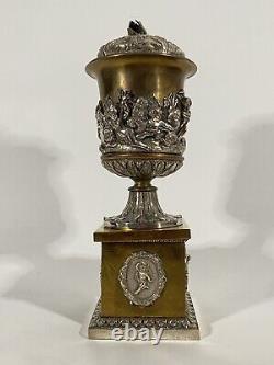 19th Century French Brass Silver Plated Urn On Base With Cherub Swan Decoration