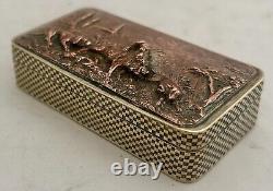 19th Century Snuff Box with Hunting Scene Copper Relief Panel