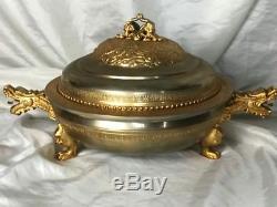 1 Museum Quality Oriental Gilt Silvered Bronze Style Tureen With Dragons Motif
