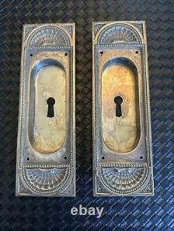 2 Antique Vintage Silver Plated Brass or Bronze Ornate Pocket Door Plates Rare