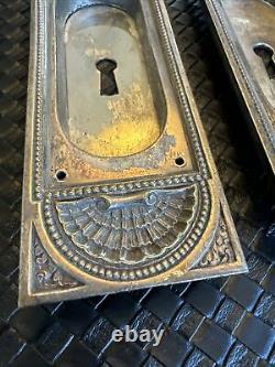 2 Antique Vintage Silver Plated Brass or Bronze Ornate Pocket Door Plates Rare