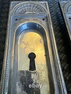 2 Antique Vintage Silver Plated Brass or Bronze Ornate Pocket Door Plates Rare