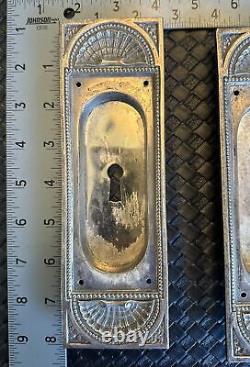 2 Antique Vintage Silver Plated Brass or Bronze Ornate Pocket Door Plates Rare