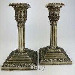 2 Late Victorian, silverplate candlesticks, neo classical, Corinthian, 15 cm