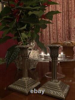 2 Late Victorian, silverplate candlesticks, neo classical, Corinthian, 15 cm