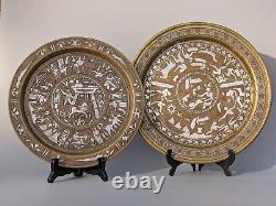 2x Antique c1900 Mamluk Revival Cairo Ware Silver inlaid Brass Plates Egyptian