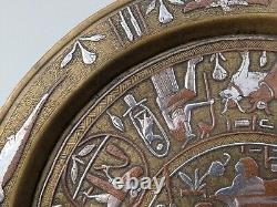2x Antique c1900 Mamluk Revival Cairo Ware Silver inlaid Brass Plates Egyptian