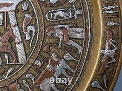2x Antique c1900 Mamluk Revival Cairo Ware Silver inlaid Brass Plates Egyptian