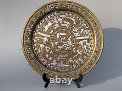 2x Antique c1900 Mamluk Revival Cairo Ware Silver inlaid Brass Plates Egyptian