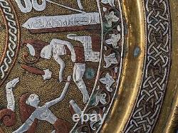 2x Antique c1900 Mamluk Revival Cairo Ware Silver inlaid Brass Plates Egyptian