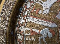2x Antique c1900 Mamluk Revival Cairo Ware Silver inlaid Brass Plates Egyptian