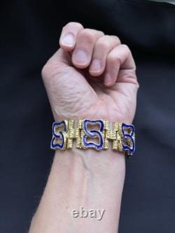 58g Vintage Italian 800 Silver Gold Plated Brutalist Bracelet Blue Enamel