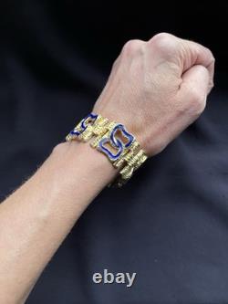 58g Vintage Italian 800 Silver Gold Plated Brutalist Bracelet Blue Enamel