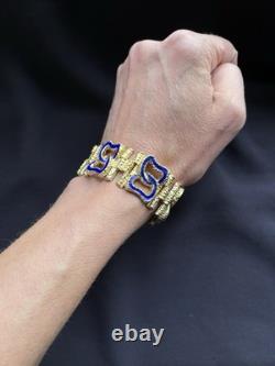 58g Vintage Italian 800 Silver Gold Plated Brutalist Bracelet Blue Enamel