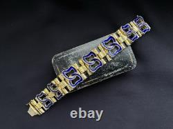 58g Vintage Italian 800 Silver Gold Plated Brutalist Bracelet Blue Enamel