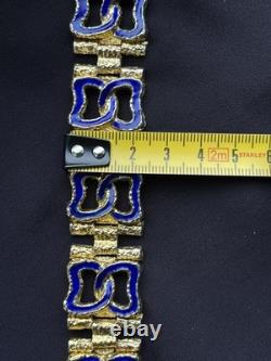 58g Vintage Italian 800 Silver Gold Plated Brutalist Bracelet Blue Enamel