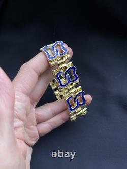 58g Vintage Italian 800 Silver Gold Plated Brutalist Bracelet Blue Enamel