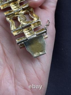 58g Vintage Italian 800 Silver Gold Plated Brutalist Bracelet Blue Enamel
