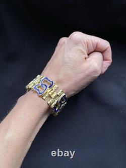 58g Vintage Italian 800 Silver Gold Plated Brutalist Bracelet Blue Enamel
