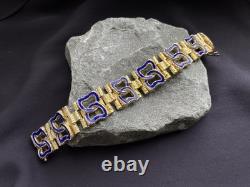 58g Vintage Italian 800 Silver Gold Plated Brutalist Bracelet Blue Enamel