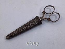 5 Antique Victorian Ornate silver plate JAMES TIDMARSH Scissors & Sheath (b5)