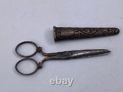 5 Antique Victorian Ornate silver plate JAMES TIDMARSH Scissors & Sheath (b5)