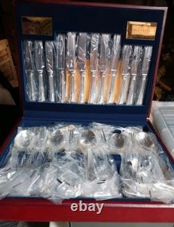 60 Piece Silver Plated Sheffield Steel Cutlery Set Boxed In Wooden Box Unused