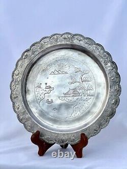 800 Chinese Coin Silver Tray Willow Pattern 8. 3/4 Repousse 9oz