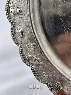800 Chinese Coin Silver Tray Willow Pattern 8. 3/4 Repousse 9oz