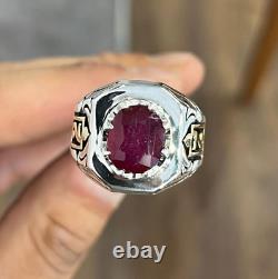 925 Sterling Silver Gold Plated Ring Natural Ruby Stone Antique Piece For Men's